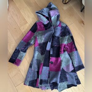 Warm, unique, colorful patchwork-like coat!